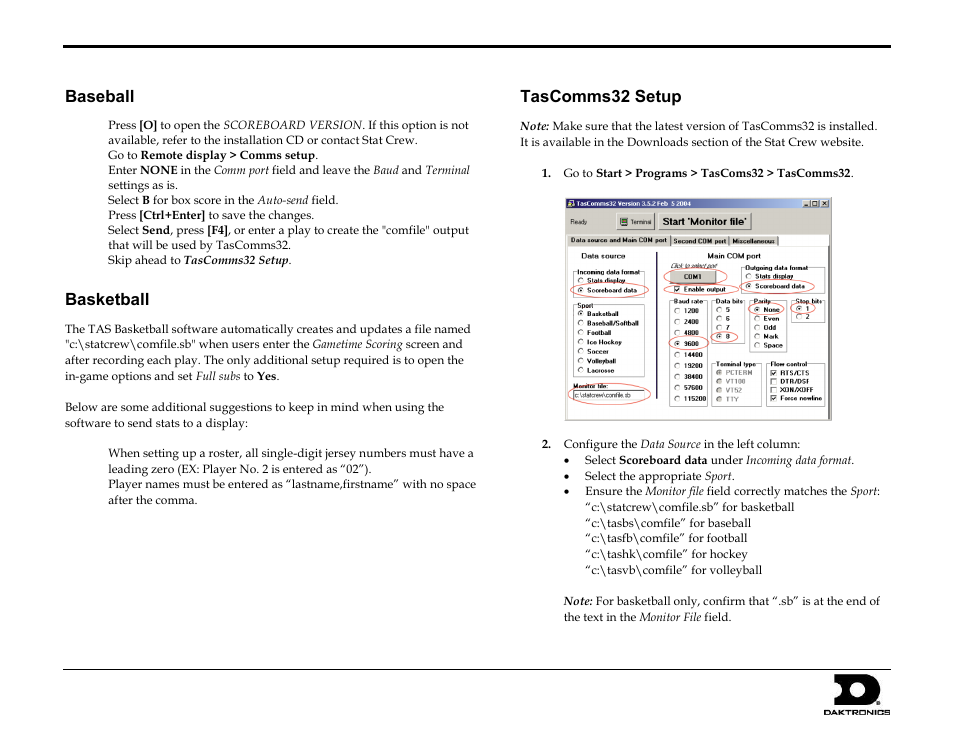 Baseball, Basketball, Tascomms32 setup | Stat crew interfaces quick guide 2 of 4 | Daktronics Stat Crew Interfaces User Manual | Page 2 / 4