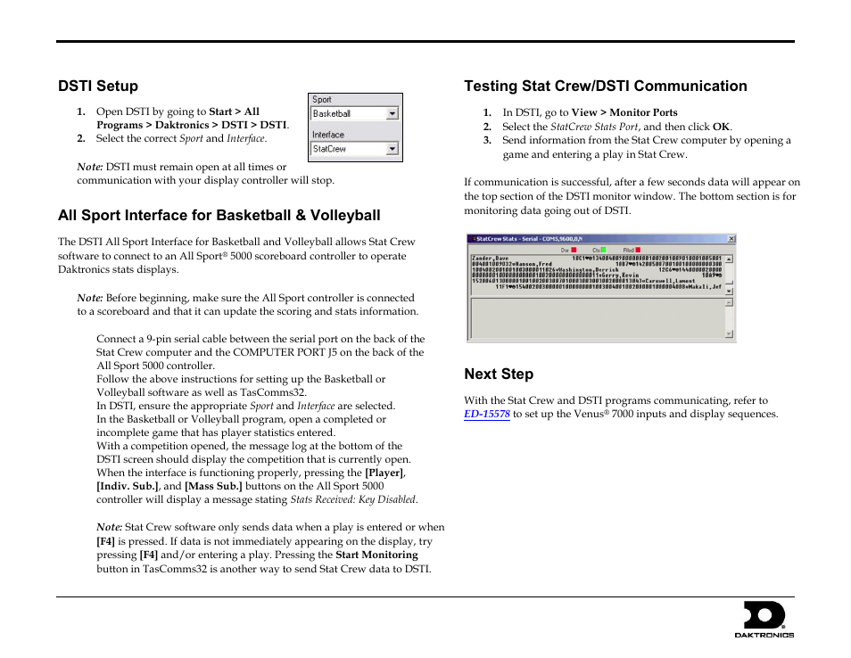 Dsti setup, All sport interface for basketball & volleyball, Testing stat crew/dsti communication | Next step, Stat crew interfaces quick guide 4 of 4 | Daktronics Stat Crew Interfaces User Manual | Page 4 / 4