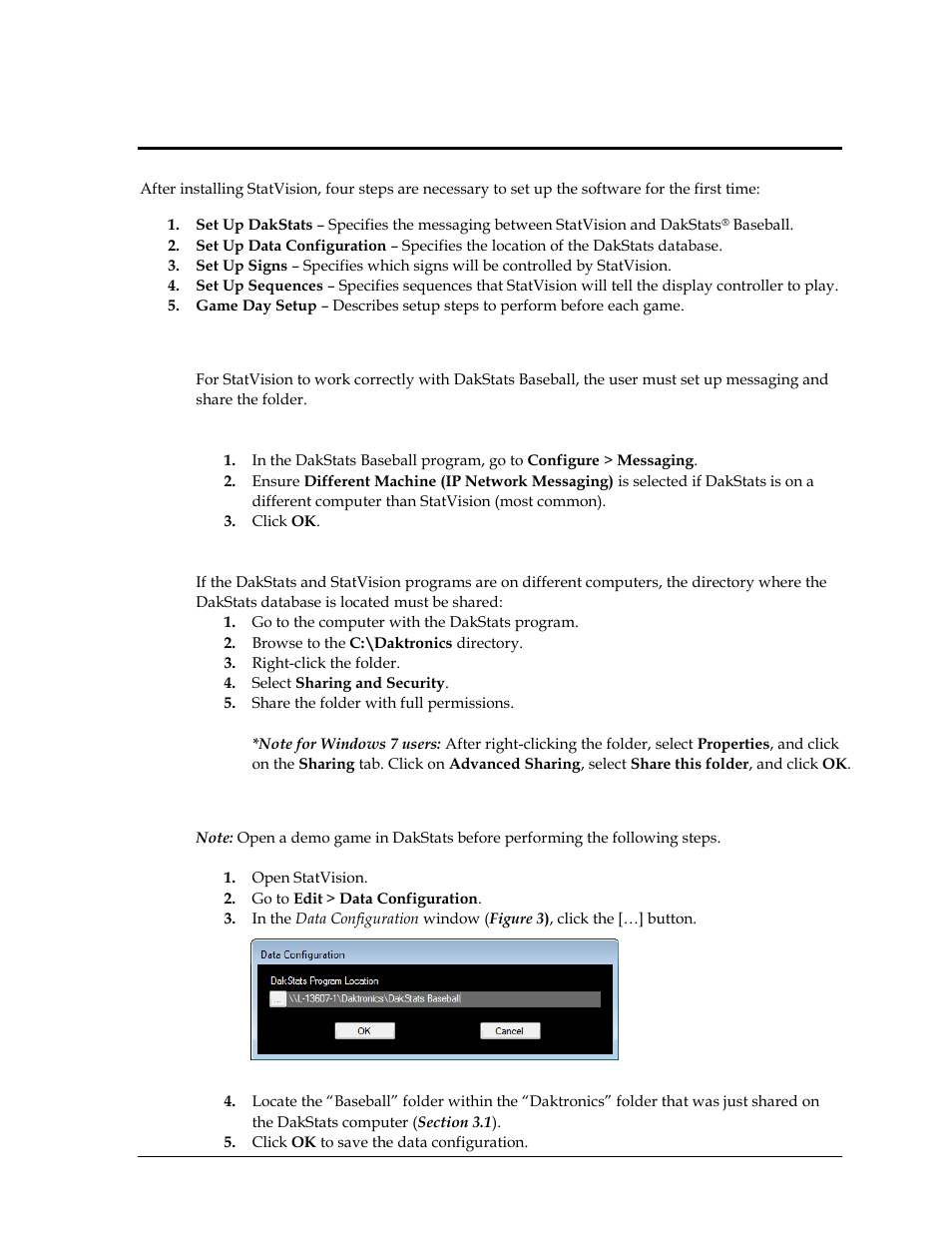 Section 3: setup, 1 set up dakstats, Set up messaging | Sharing the daktronics folder, 2 set up data configuration, Section 3, Setup, Set up dakstats, Set up data configuration | Daktronics StatVision for Baseball User Manual | Page 11 / 47