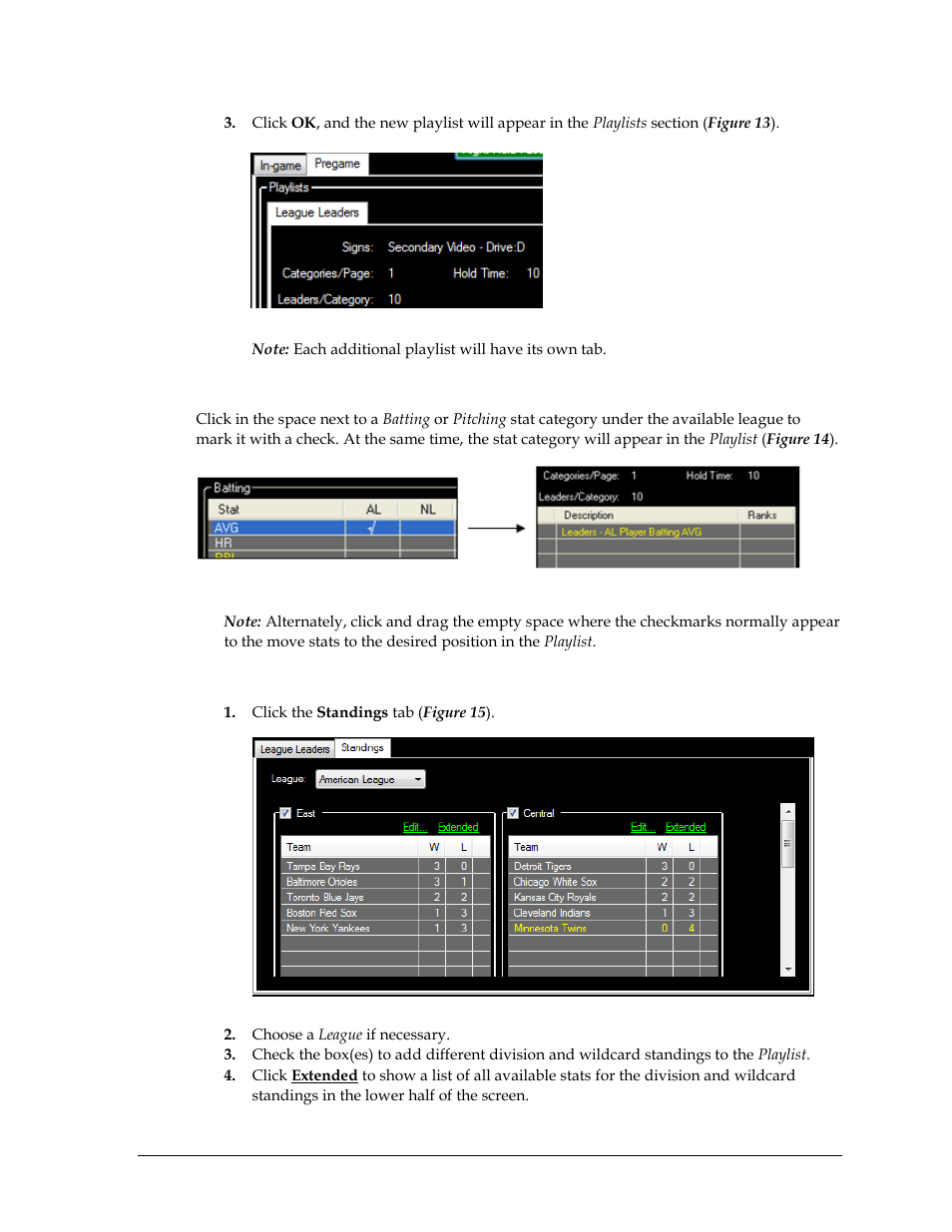 Adding league leaders to a playlist, Adding standings to a playlist | Daktronics StatVision for Baseball User Manual | Page 19 / 47