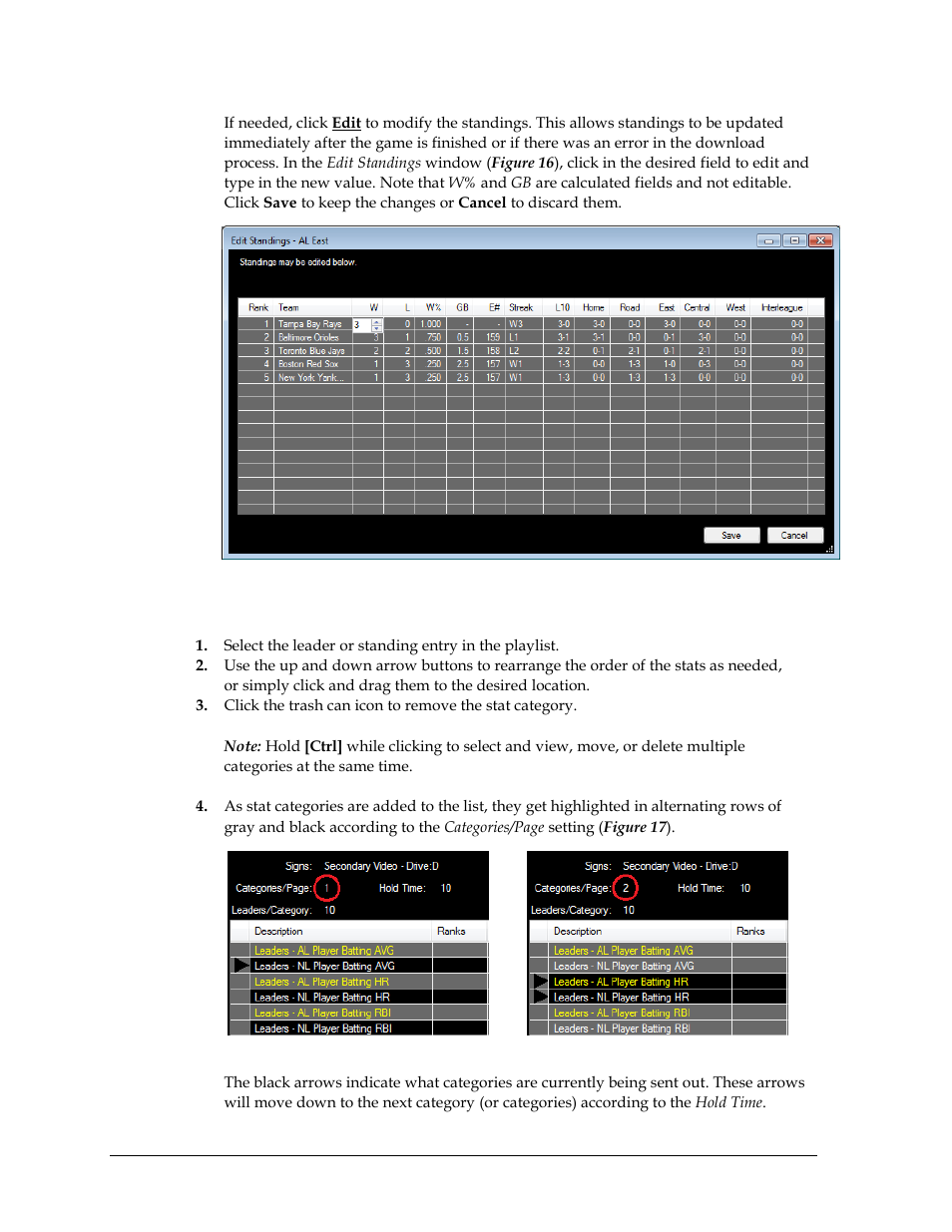 3 arranging & removing stat categories, Arranging & removing stat categories | Daktronics StatVision for Baseball User Manual | Page 20 / 47
