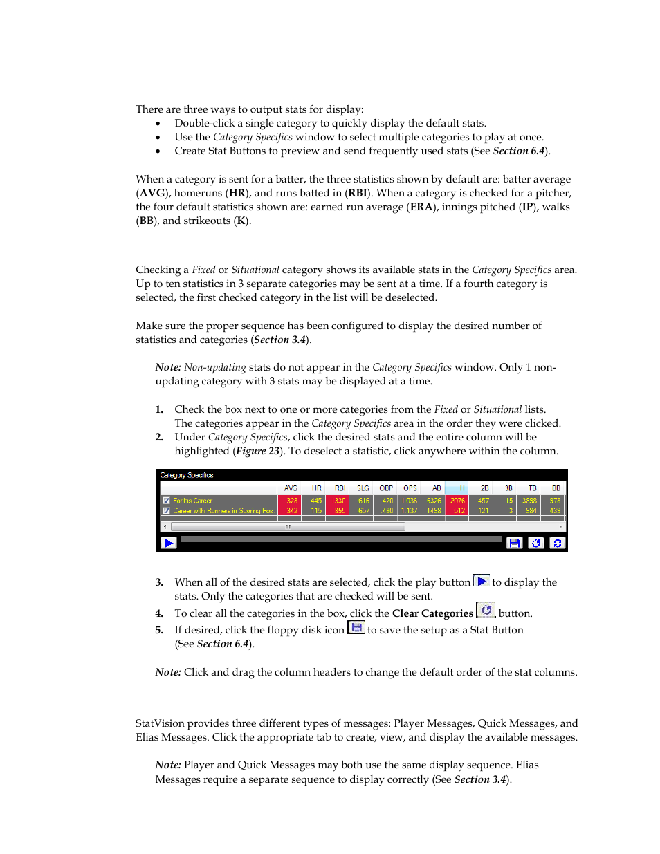 2 selecting stats for display, Displaying multiple categories, 3 messages | Selecting stats for display, Messages | Daktronics StatVision for Baseball User Manual | Page 25 / 47