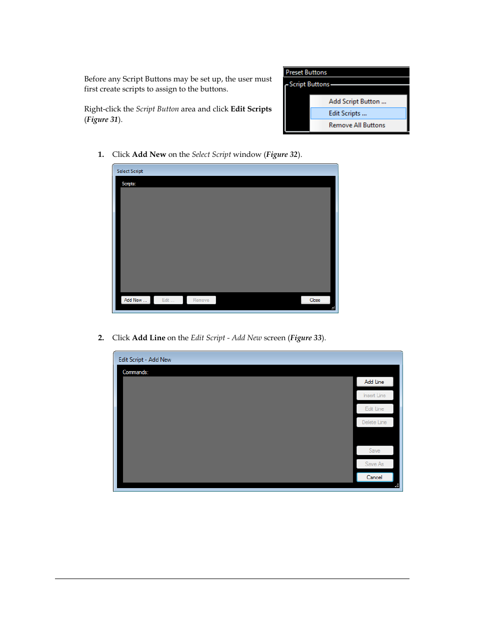 1 script configuration, Adding scripts, Script configuration | Daktronics StatVision for Baseball User Manual | Page 30 / 47