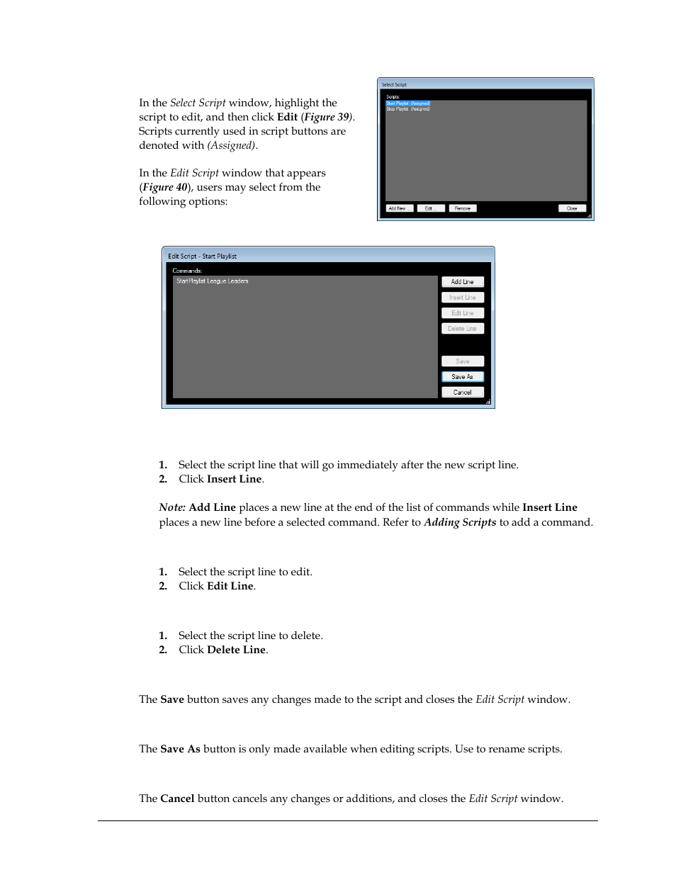 Editing scripts, Inserting a script line, Editing a line | Deleting a line, Save, Save as, Cancel | Daktronics StatVision for Baseball User Manual | Page 35 / 47