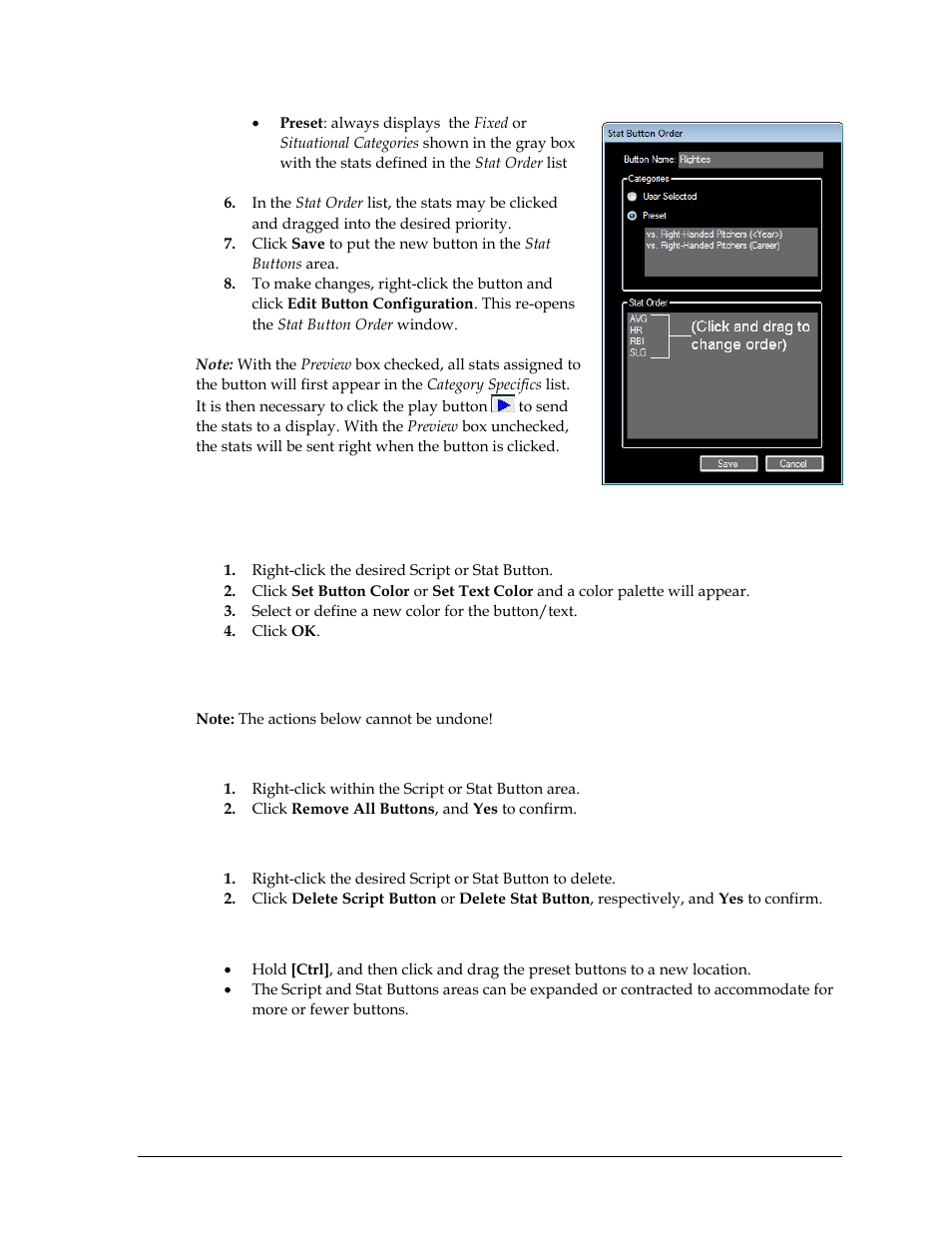5 maintaining preset buttons, Editing preset button/text color, Deleting preset buttons | Deleting all script or stat buttons, Deleting one script or stat button, Rearranging preset buttons, Maintaining preset buttons | Daktronics StatVision for Baseball User Manual | Page 37 / 47