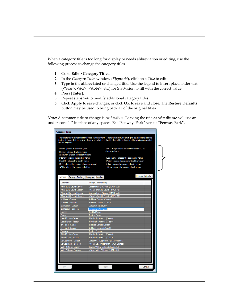Section 7: customizing statvision, 1 category titles, Section 7 | Customizing statvision, Category titles | Daktronics StatVision for Baseball User Manual | Page 39 / 47