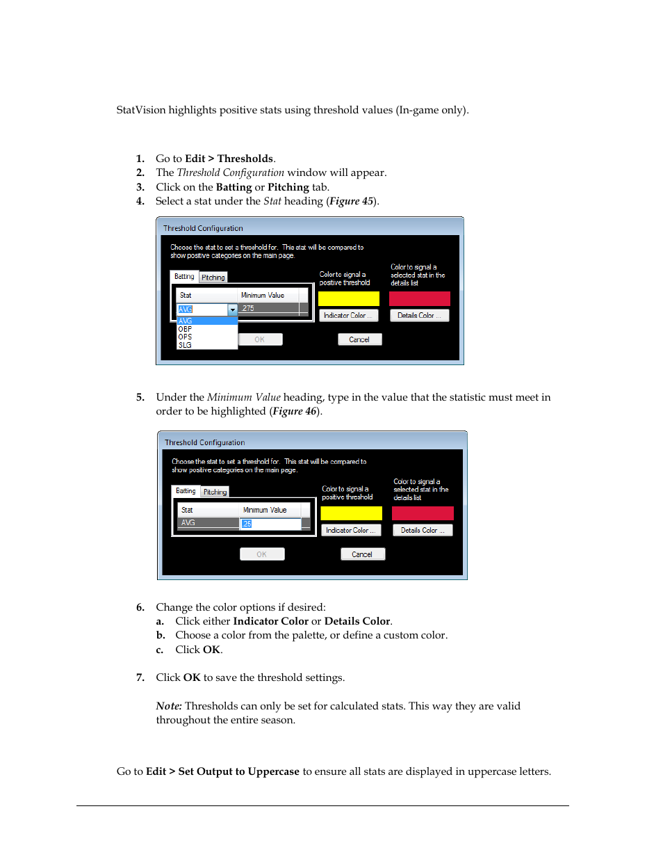 2 threshold configurations, To change category thresholds, 3 set output to uppercase | Threshold configurations, Set output to uppercase | Daktronics StatVision for Baseball User Manual | Page 40 / 47
