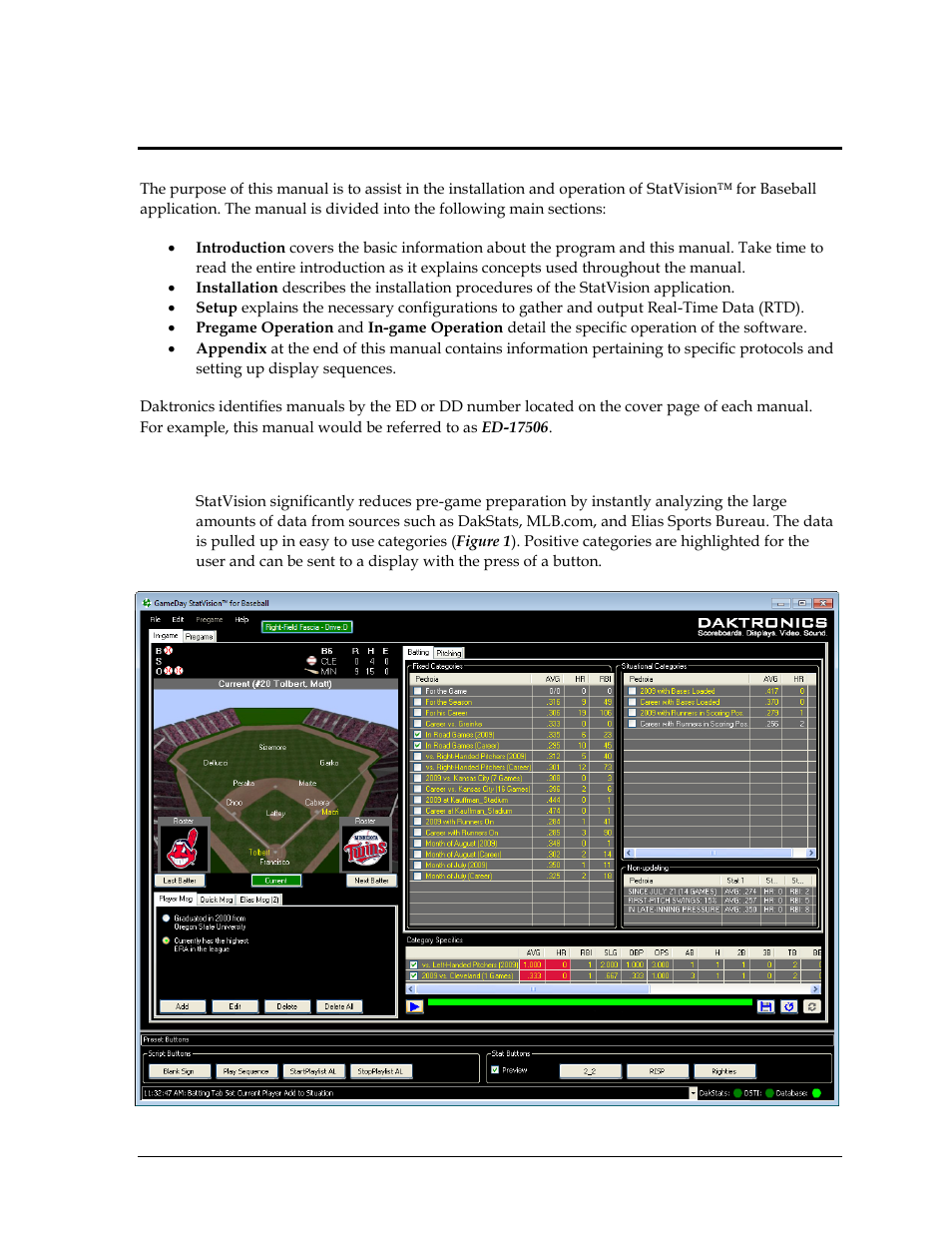 Section 1: introduction, 1 software overview, Section 1 | Introduction, Software overview | Daktronics StatVision for Baseball User Manual | Page 5 / 47