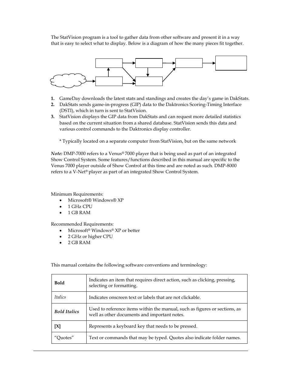 2 system requirements, 3 software conventions, System requirements | Software conventions | Daktronics StatVision for Baseball User Manual | Page 6 / 47