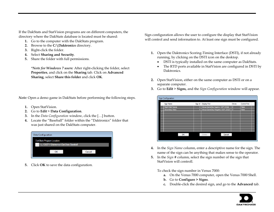Sharing the daktronics folder, Set up data configuration, Set up signs | Configuring signs, Statvision for baseball quick start guide 2 of 7 | Daktronics StatVision for Baseball User Manual | Page 2 / 7