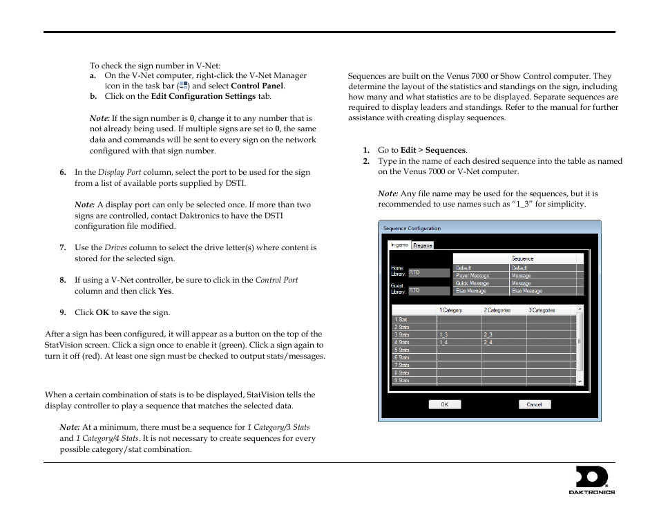 Set up sequences, Creating sequences, Setting up in-game sequences | Statvision for baseball quick start guide 3 of 7 | Daktronics StatVision for Baseball User Manual | Page 3 / 7