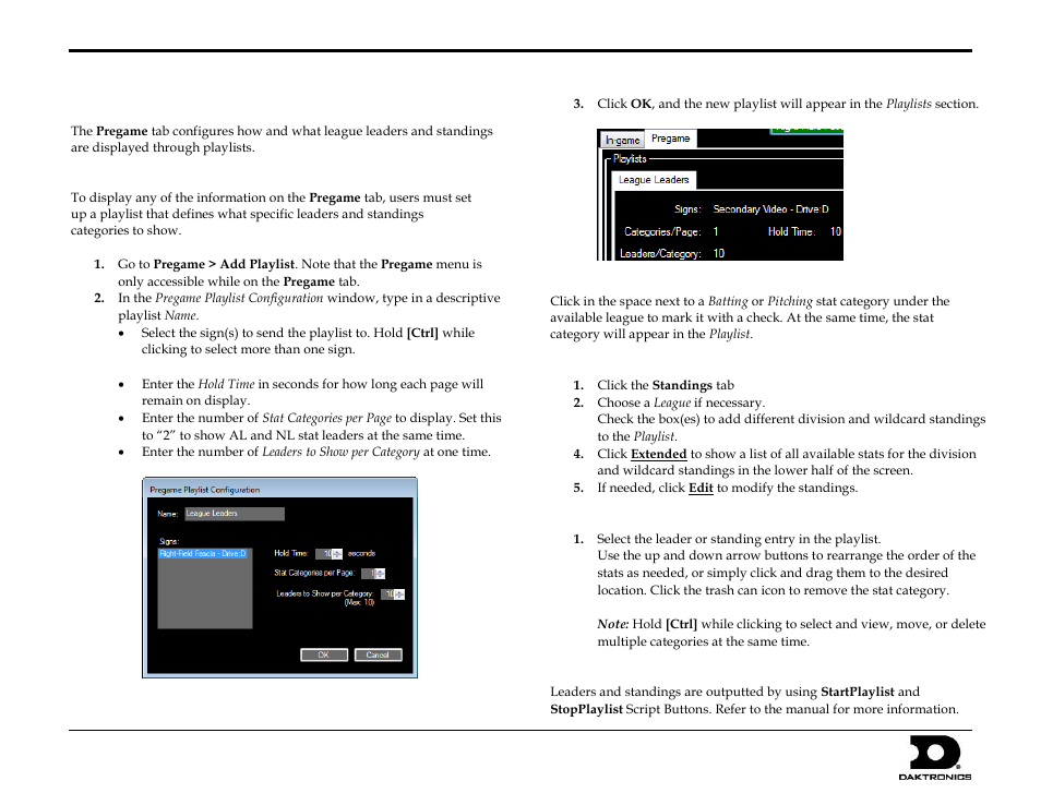 Pregame operation, Creating playlists, Adding league leaders to a playlist | Adding standings to a playlist, Arranging & removing stat categories, Outputting playlists, Statvision for baseball quick start guide 5 of 7 | Daktronics StatVision for Baseball User Manual | Page 5 / 7