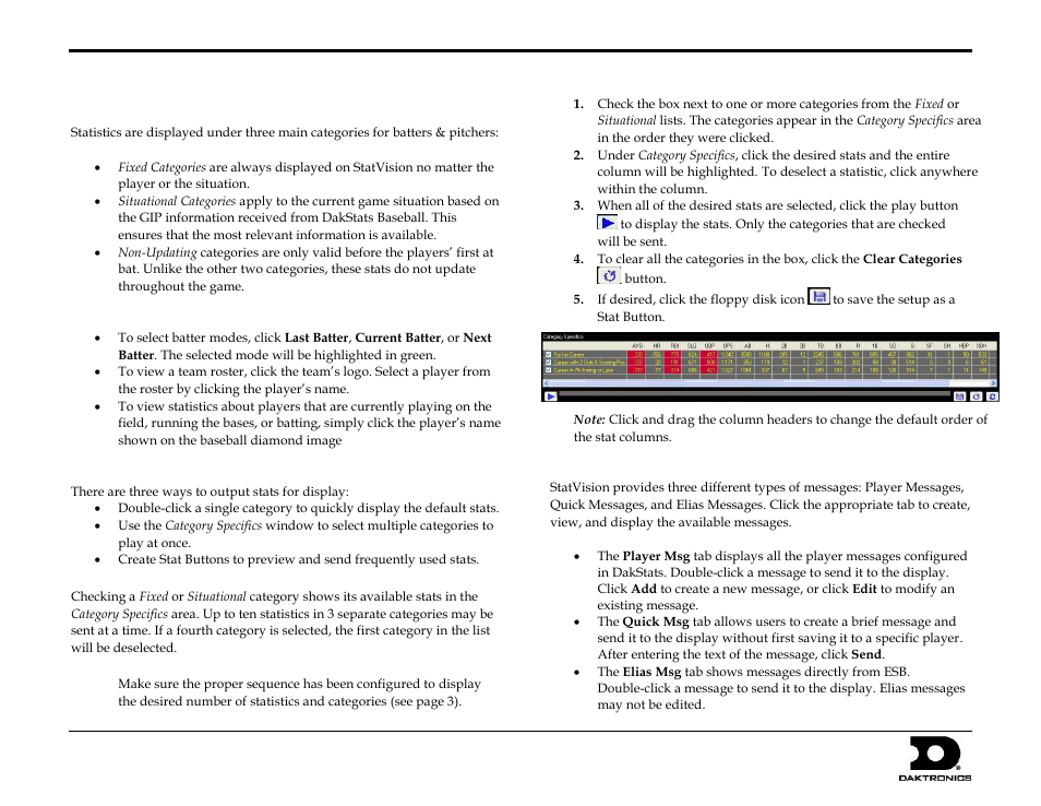 In-game operation, Viewing player stats, Selecting stats for display | Messages, Statvision for baseball quick start guide 6 of 7 | Daktronics StatVision for Baseball User Manual | Page 6 / 7