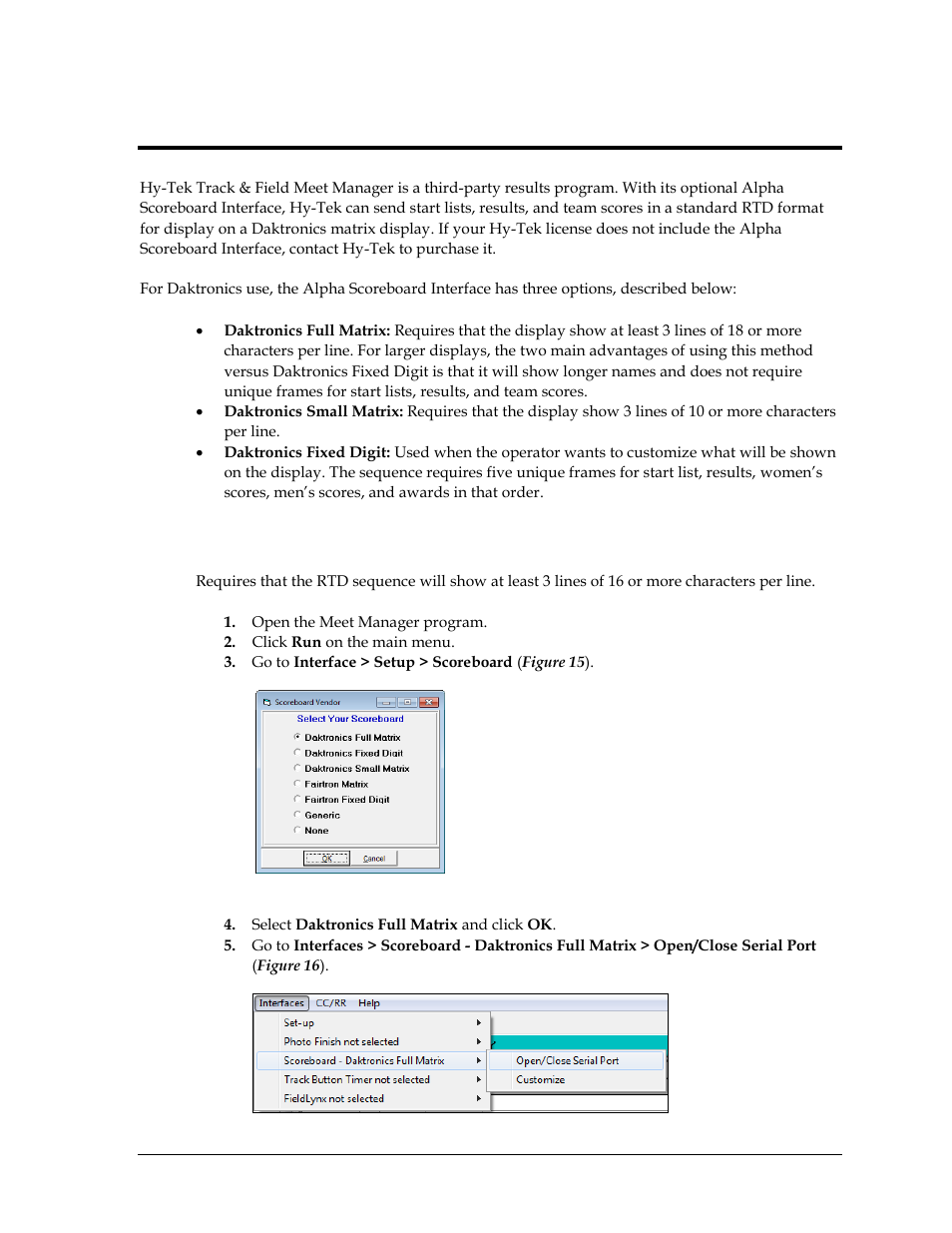 Section 3: hy-tek track & field meet manager, 1 daktronics full matrix setup, Section 3 | Hy-tek track & field meet manager, Daktronics full matrix setup | Daktronics Track & Field Interfaces User Manual | Page 19 / 52