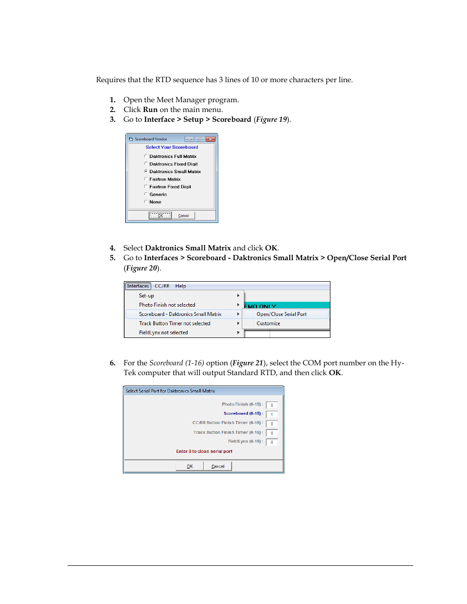 2 daktronics small matrix setup, Daktronics small matrix setup | Daktronics Track & Field Interfaces User Manual | Page 21 / 52