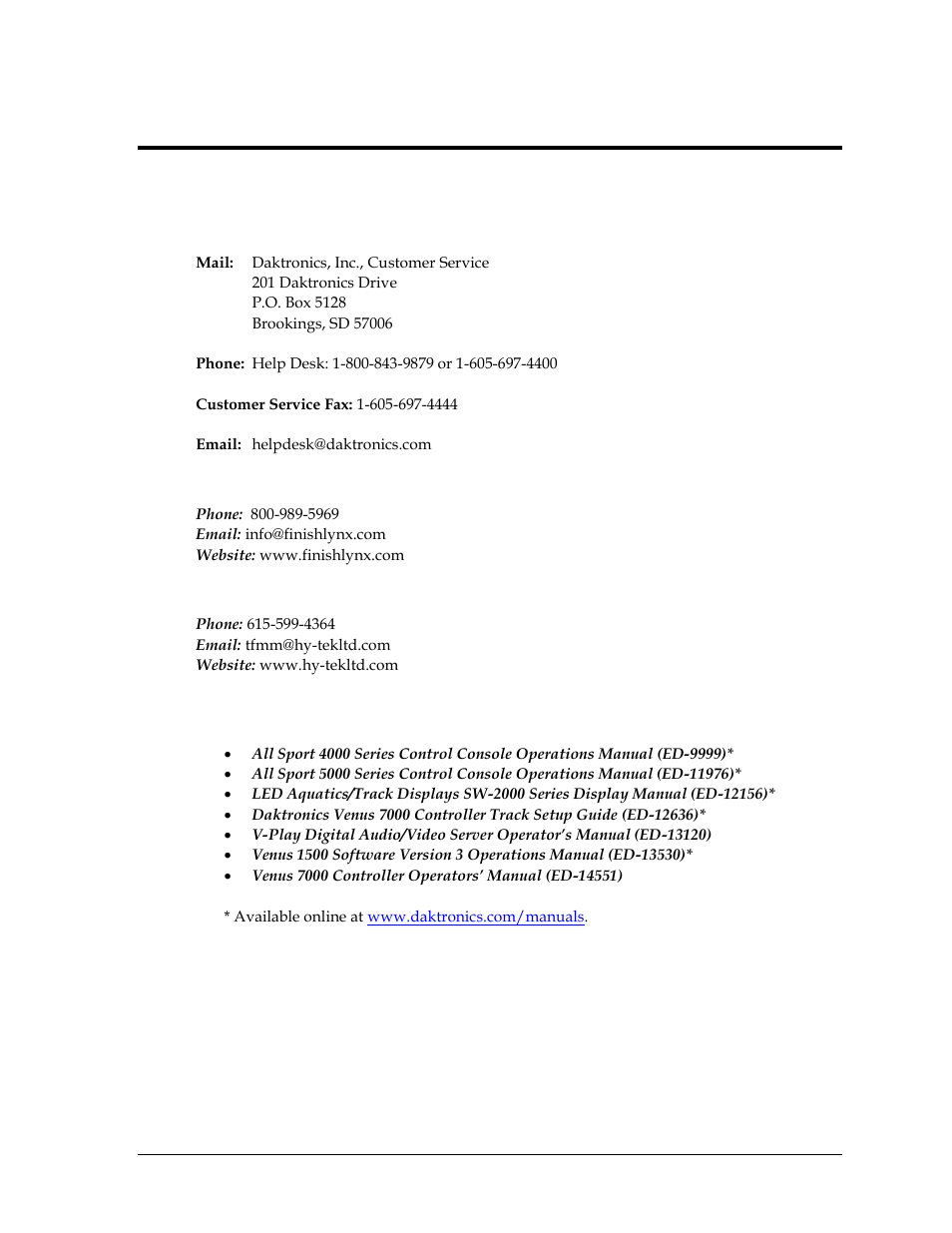 Section 4: additional resources, 1 contact information, Daktronics | Finish lynx, Hy-tek, 2 daktronics manuals, Section 4, Additional resources, Contact information, Daktronics manuals | Daktronics Track & Field Interfaces User Manual | Page 27 / 52