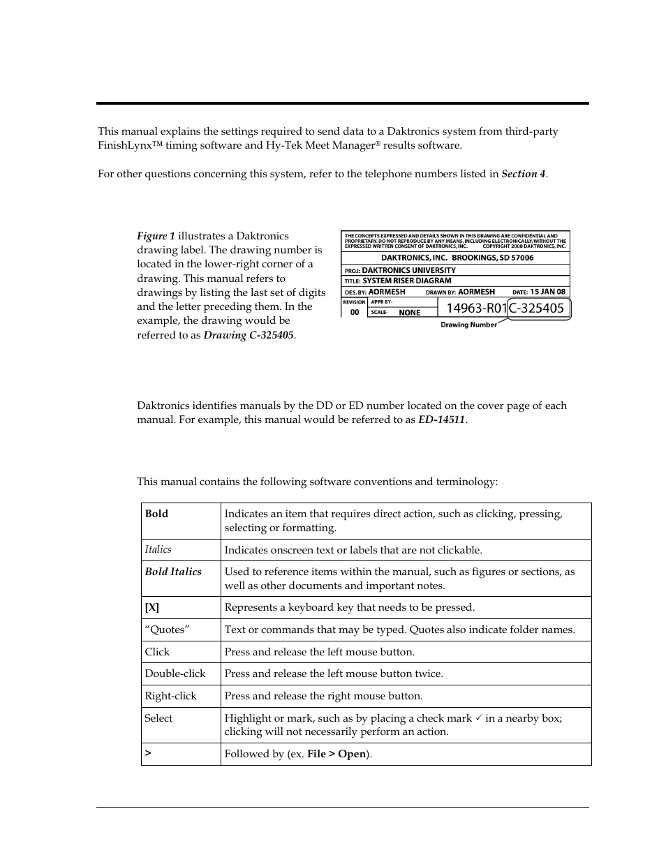 Section 1: introduction, 1 resources, 2 software conventions | Section 1, Introduction, Resources, Software conventions | Daktronics Track & Field Interfaces User Manual | Page 7 / 52