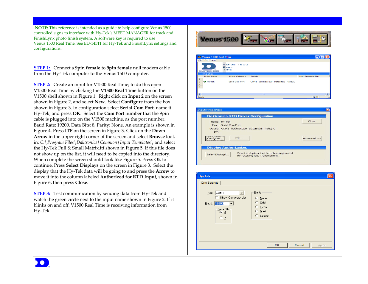 Daktronics Venus 1500 Controlled signs with Hy-Tek & FinishLynx User Manual | 7 pages