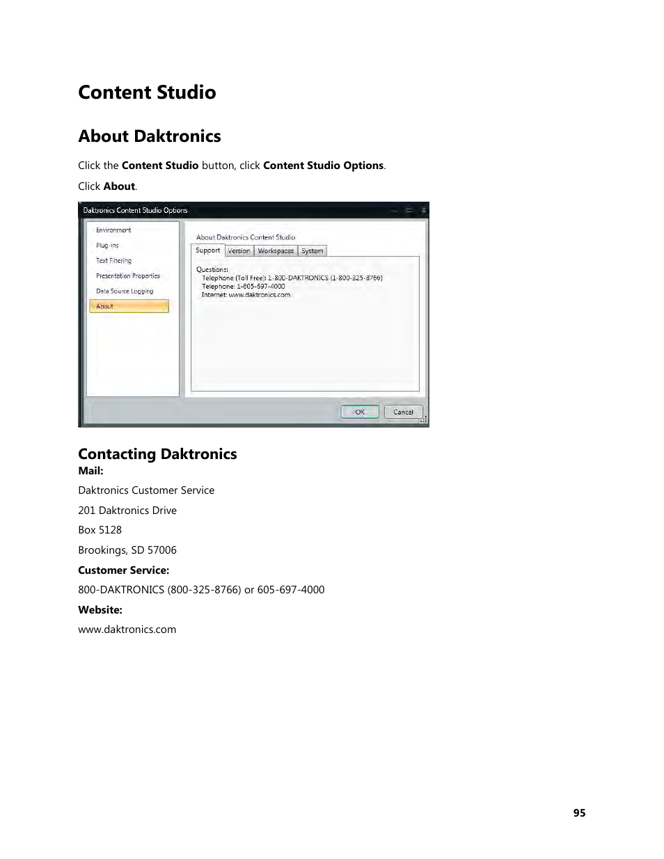 Content studio, About daktronics, Contacting daktronics | Daktronics Venus 1500 Version 4 User Manual | Page 105 / 254