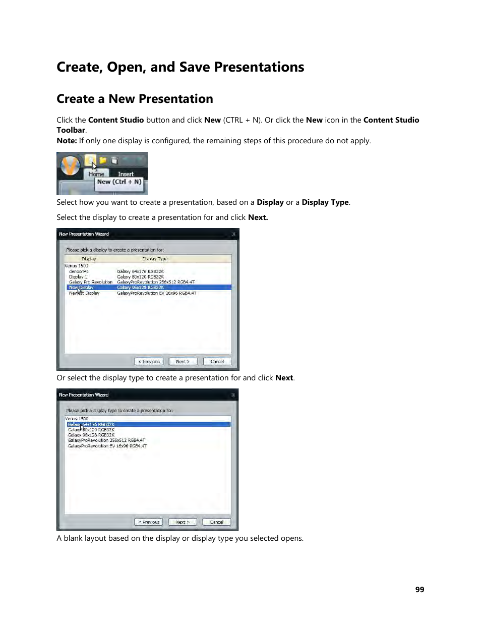 Create, open, and save presentations, Create a new presentation | Daktronics Venus 1500 Version 4 User Manual | Page 109 / 254