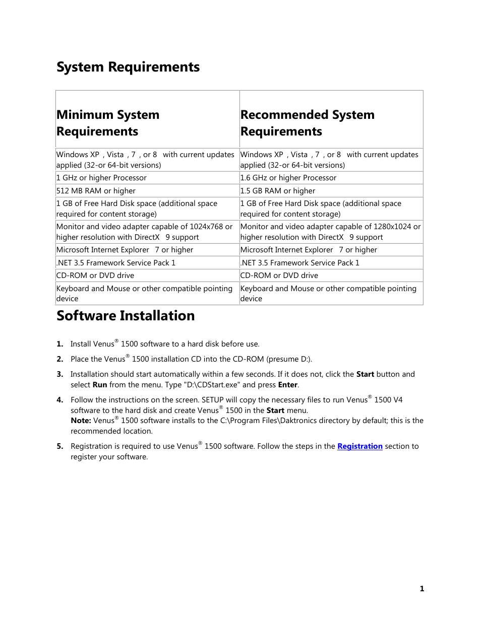 System requirements, Minimum system requirements, Recommended system requirements | Software installation | Daktronics Venus 1500 Version 4 User Manual | Page 11 / 254