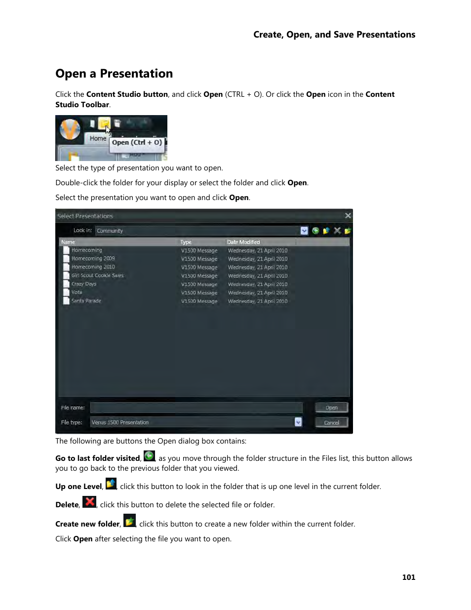 Open a presentation | Daktronics Venus 1500 Version 4 User Manual | Page 111 / 254