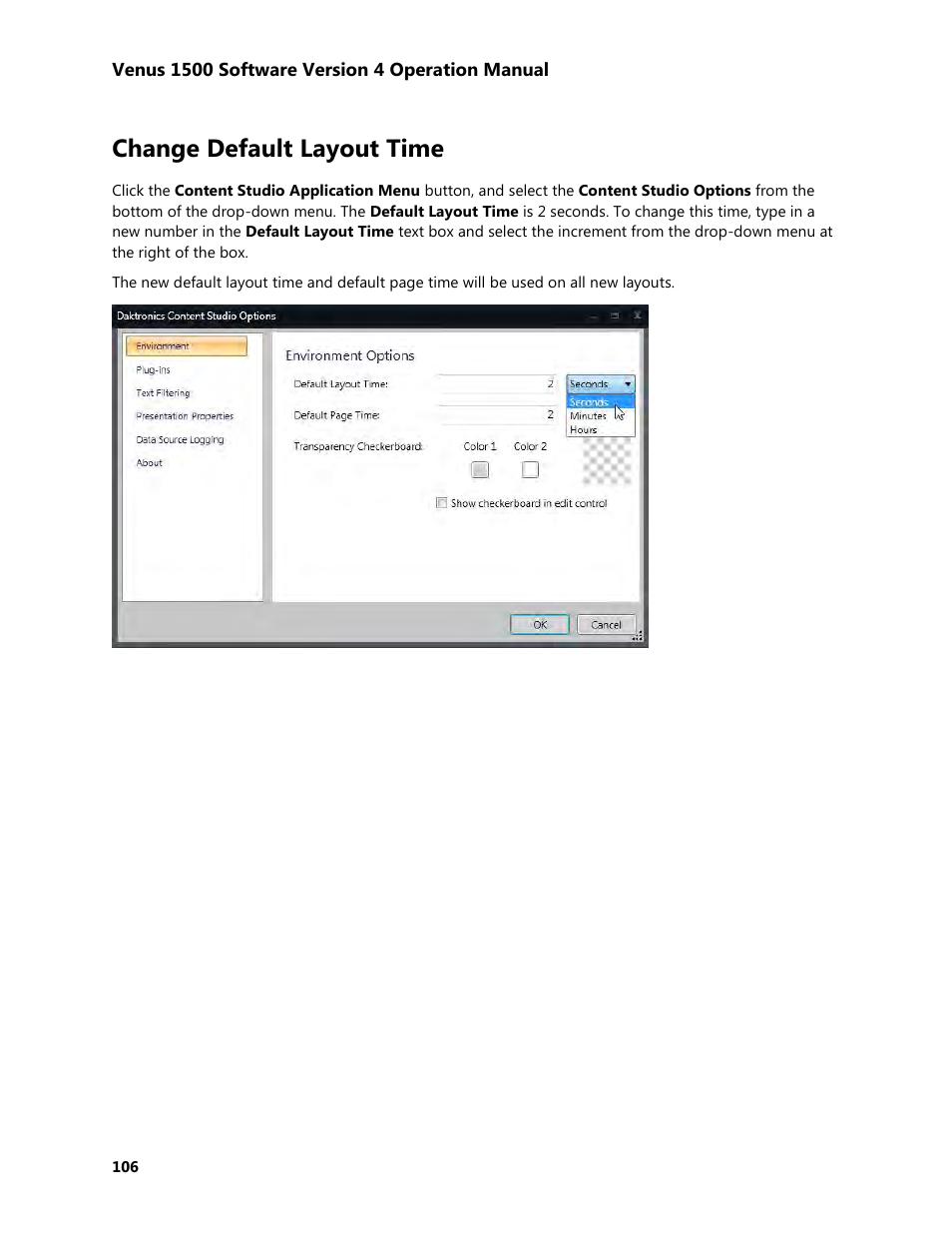 Change default layout time | Daktronics Venus 1500 Version 4 User Manual | Page 116 / 254