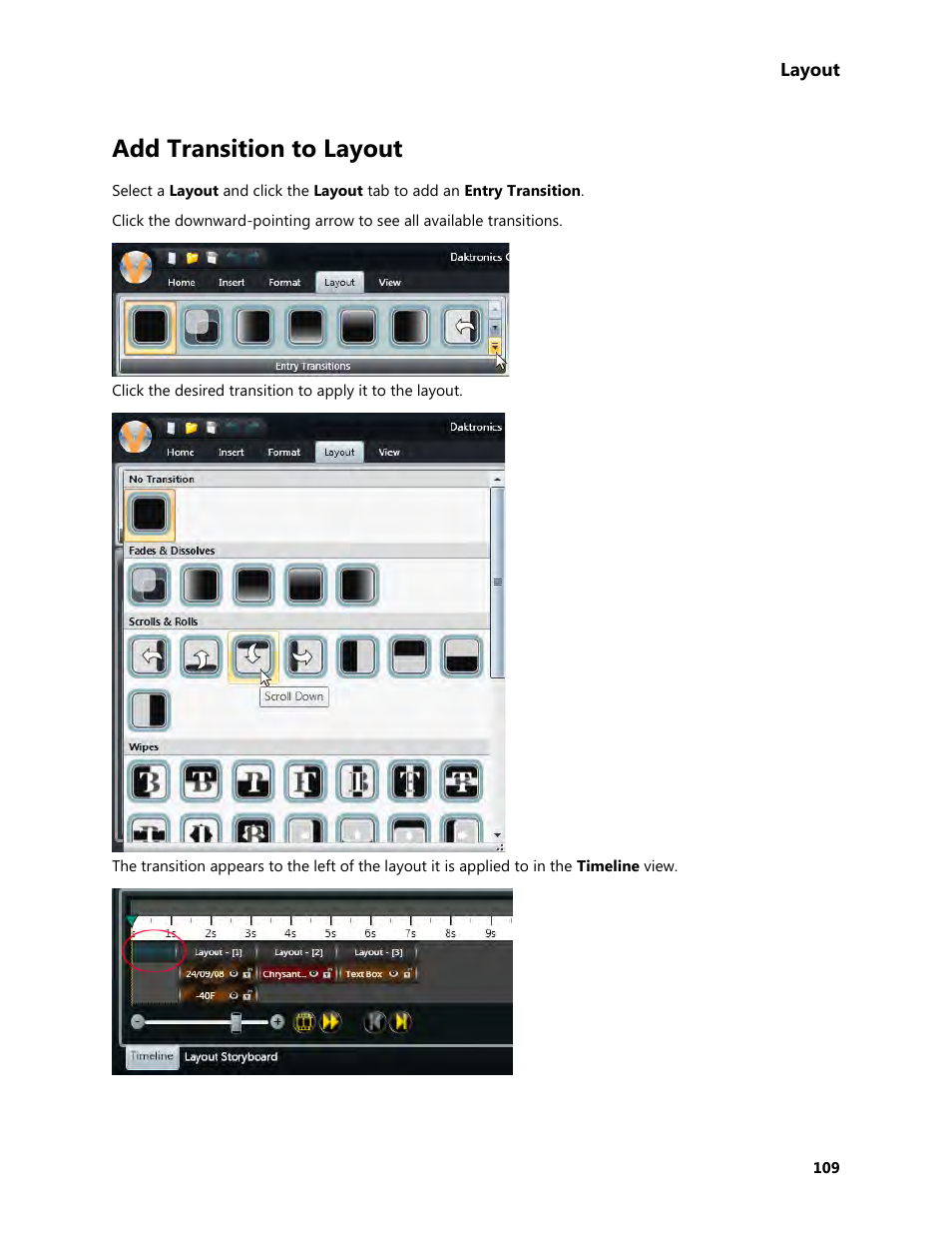 Add transition to layout | Daktronics Venus 1500 Version 4 User Manual | Page 119 / 254