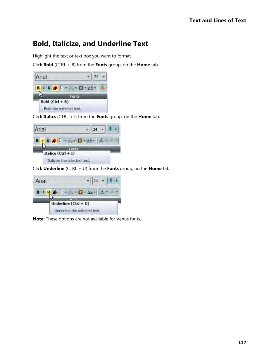 Bold, italicize, and underline text | Daktronics Venus 1500 Version 4 User Manual | Page 127 / 254
