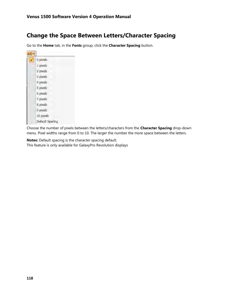 Change the space between letters/character spacing | Daktronics Venus 1500 Version 4 User Manual | Page 128 / 254
