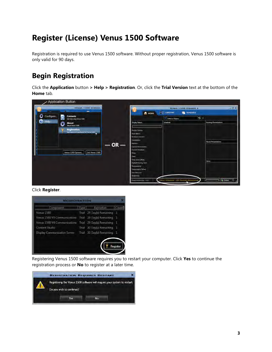Register (license) venus 1500 software, Begin registration | Daktronics Venus 1500 Version 4 User Manual | Page 13 / 254