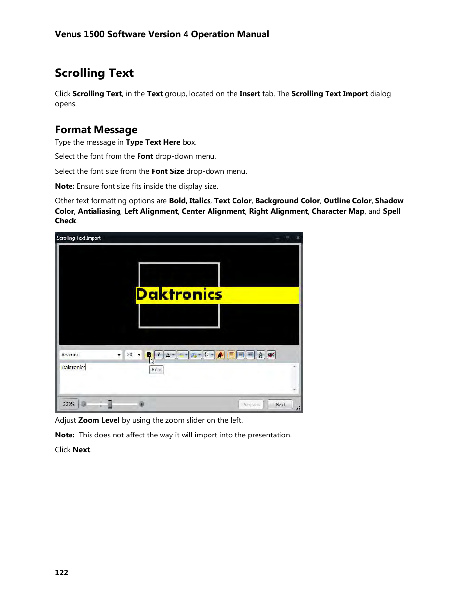 Scrolling text, Format message | Daktronics Venus 1500 Version 4 User Manual | Page 132 / 254
