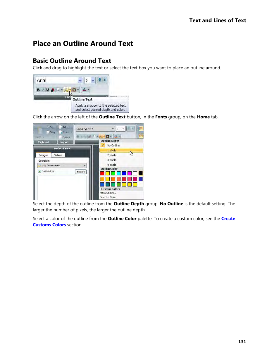 Place an outline around text, Basic outline around text | Daktronics Venus 1500 Version 4 User Manual | Page 141 / 254