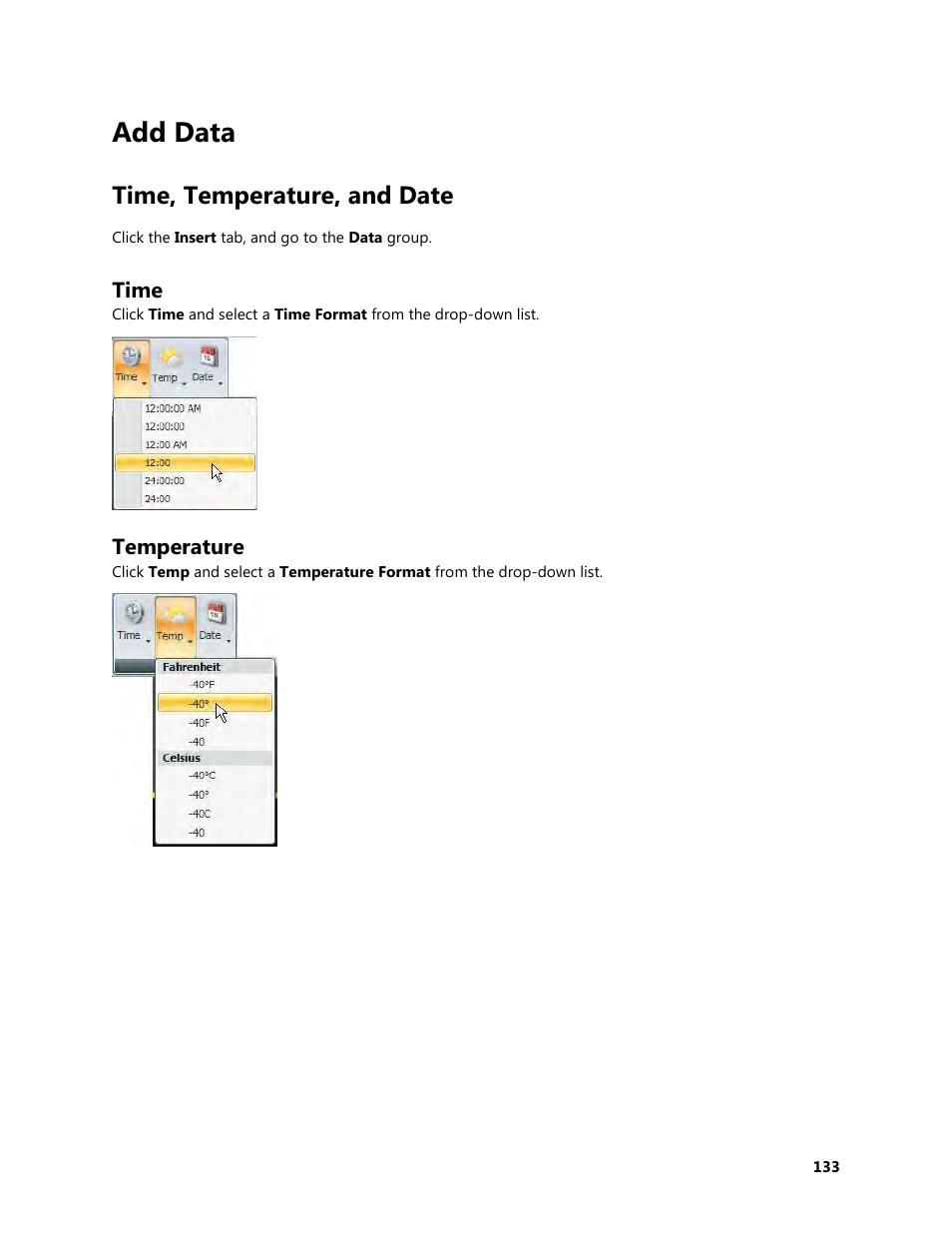 Add data, Time, temperature, and date, Time | Temperature | Daktronics Venus 1500 Version 4 User Manual | Page 143 / 254