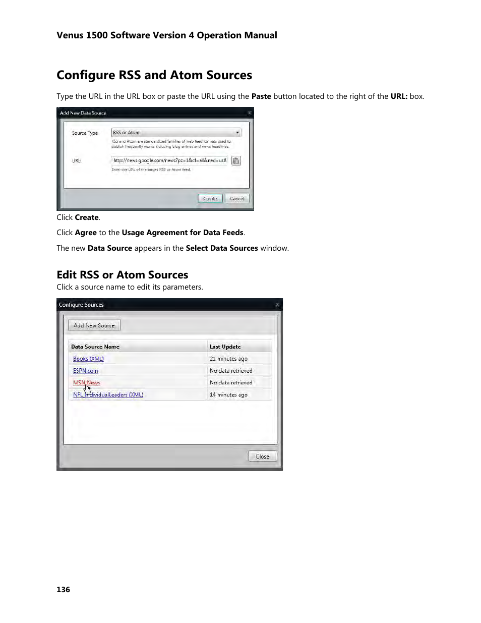 Configure rss and atom sources, Edit rss or atom sources | Daktronics Venus 1500 Version 4 User Manual | Page 146 / 254