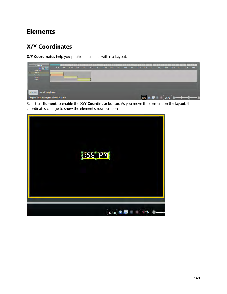 Elements, X/y coordinates | Daktronics Venus 1500 Version 4 User Manual | Page 173 / 254