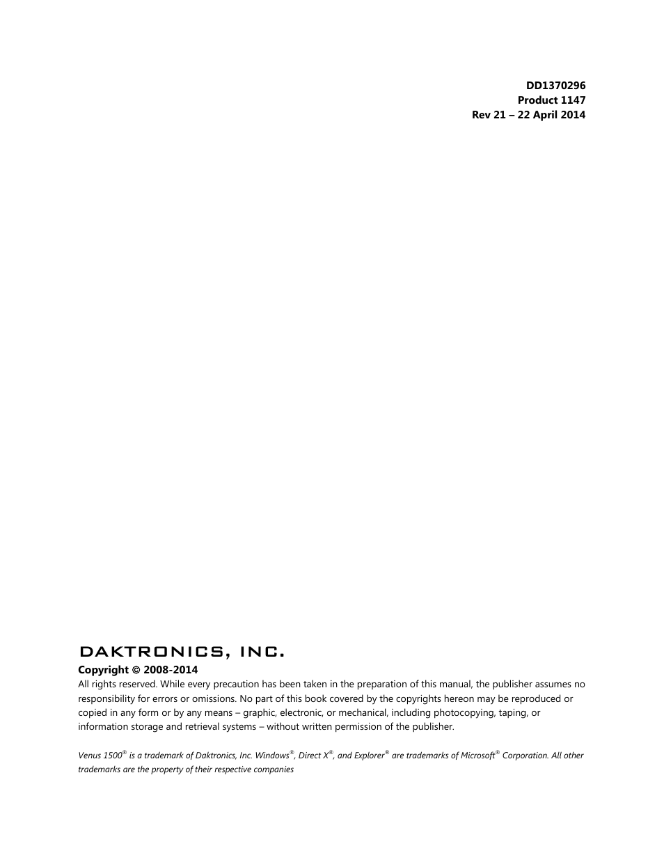 Daktronics, inc | Daktronics Venus 1500 Version 4 User Manual | Page 2 / 254