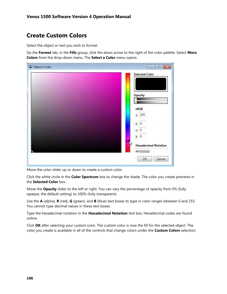 Create custom colors, Create, Customs colors | Daktronics Venus 1500 Version 4 User Manual | Page 206 / 254