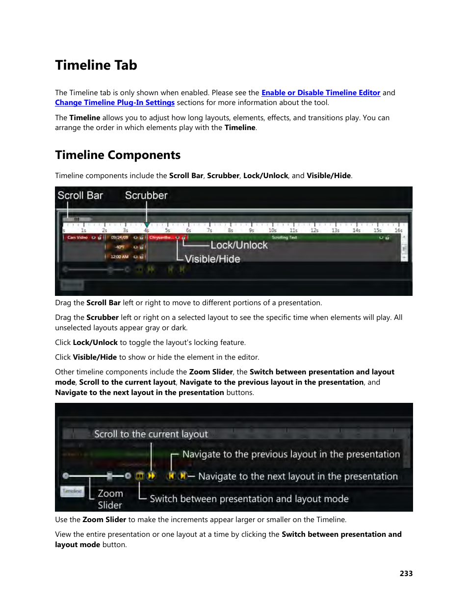 Timeline tab, Timeline components, Timeline | Daktronics Venus 1500 Version 4 User Manual | Page 243 / 254