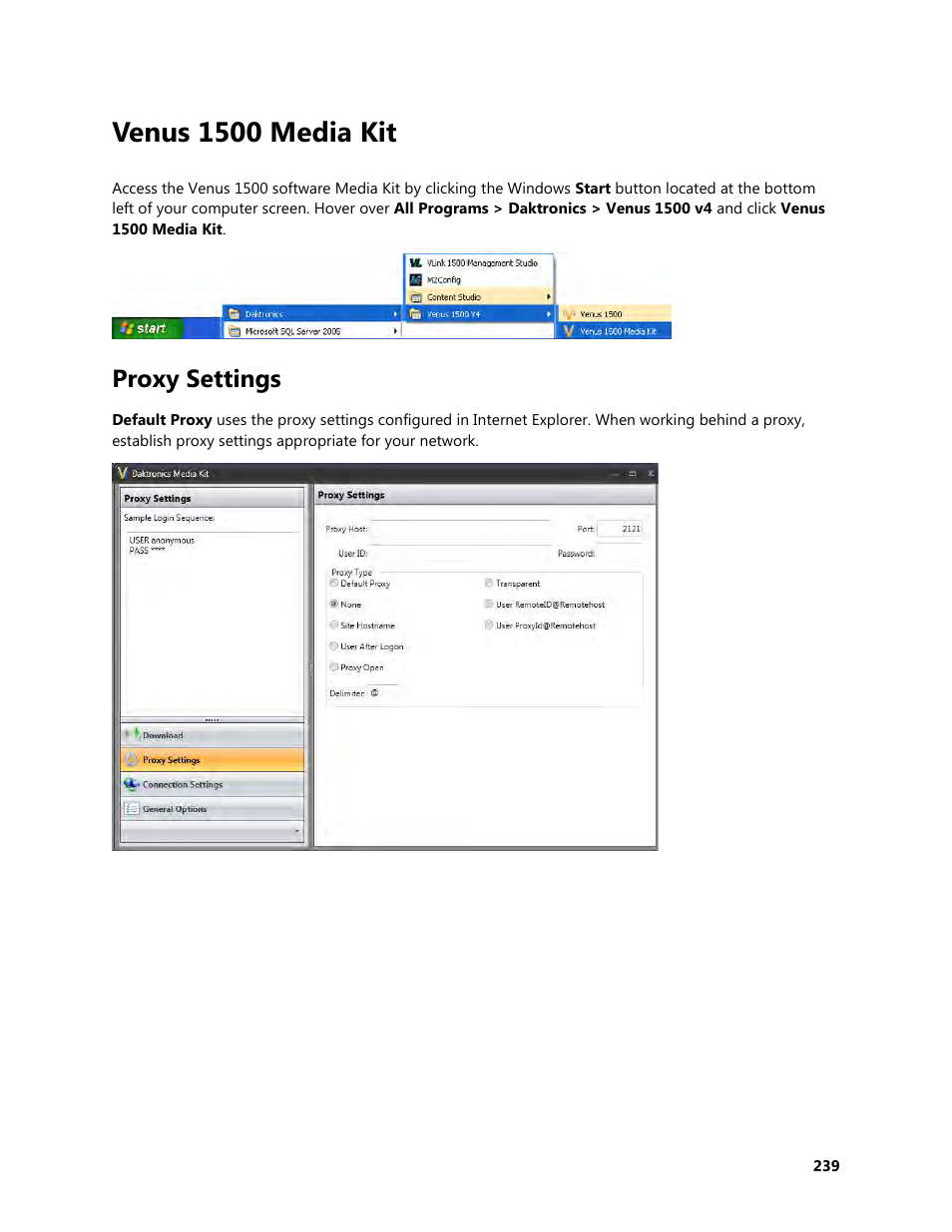 Venus 1500 media kit, Proxy settings | Daktronics Venus 1500 Version 4 User Manual | Page 249 / 254