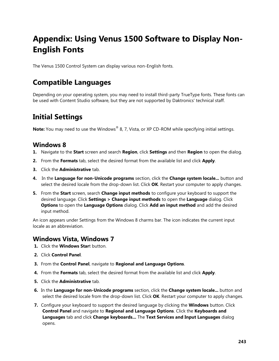 Compatible languages, Initial settings, Windows 8 | Windows vista, windows 7 | Daktronics Venus 1500 Version 4 User Manual | Page 253 / 254