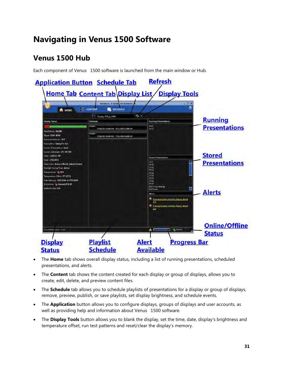 Navigating in venus 1500 software, Venus 1500 hub | Daktronics Venus 1500 Version 4 User Manual | Page 41 / 254