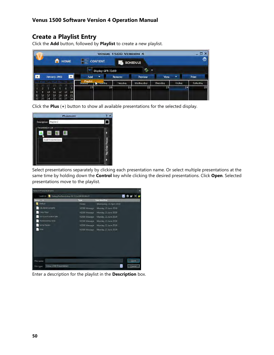 Create a playlist entry | Daktronics Venus 1500 Version 4 User Manual | Page 60 / 254