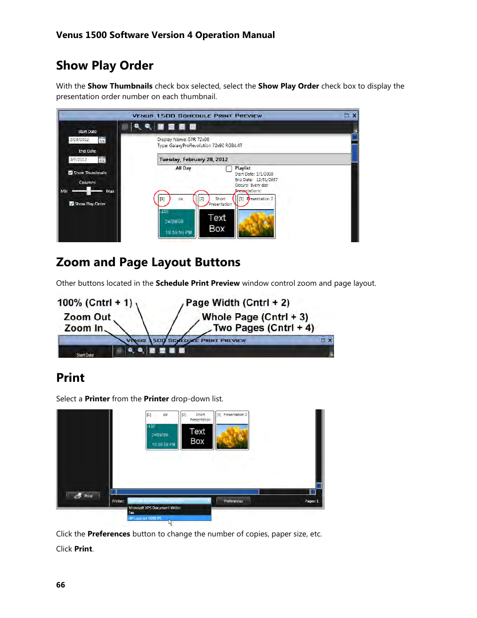 Show play order, Print, Zoom and page layout buttons | Daktronics Venus 1500 Version 4 User Manual | Page 76 / 254