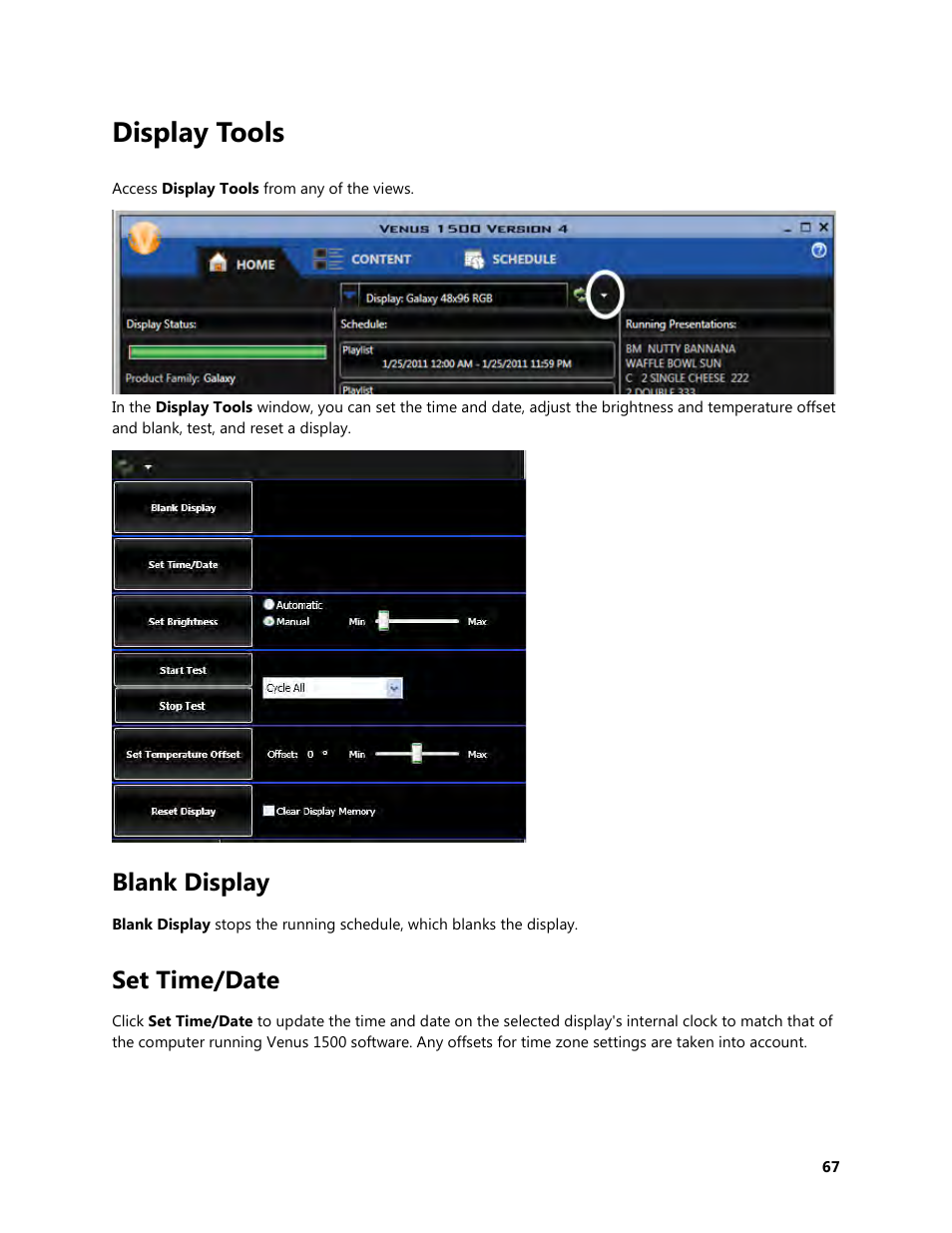 Display tools, Blank display, Set time/date | Daktronics Venus 1500 Version 4 User Manual | Page 77 / 254