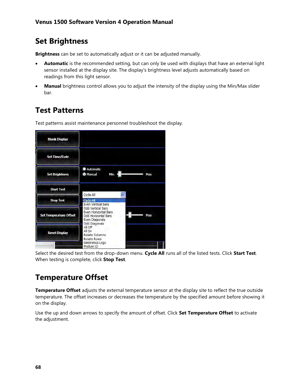 Set brightness, Test patterns, Temperature offset | Daktronics Venus 1500 Version 4 User Manual | Page 78 / 254