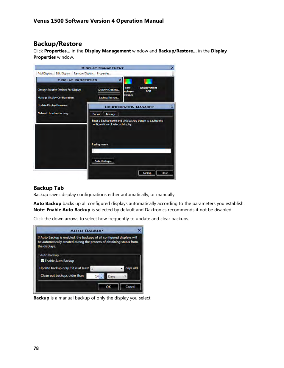 Backup/restore | Daktronics Venus 1500 Version 4 User Manual | Page 88 / 254
