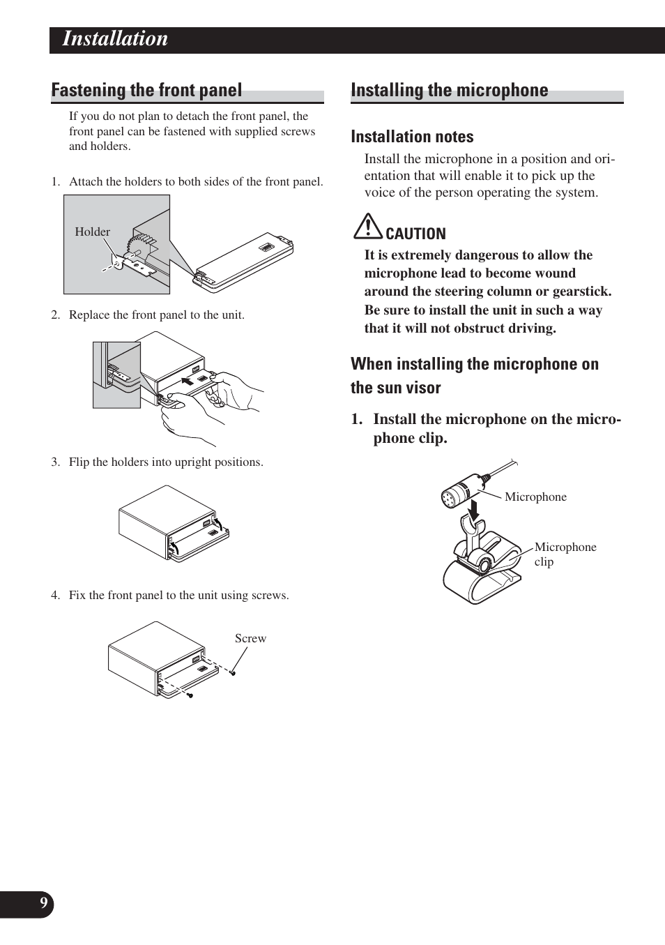 Installation, Fastening the front panel, Installing the microphone | When installing the microphone on the sun visor | Pioneer DEH-P65BT User Manual | Page 10 / 72