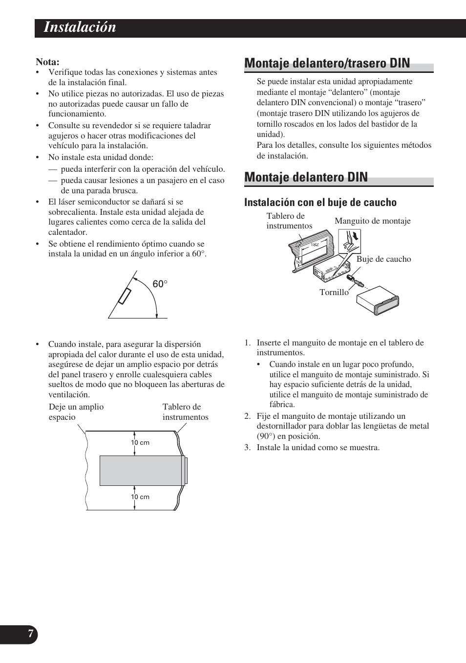 Instalación, Montaje delantero/trasero din, Montaje delantero din | Instalación con el buje de caucho | Pioneer DEH-P65BT User Manual | Page 18 / 72