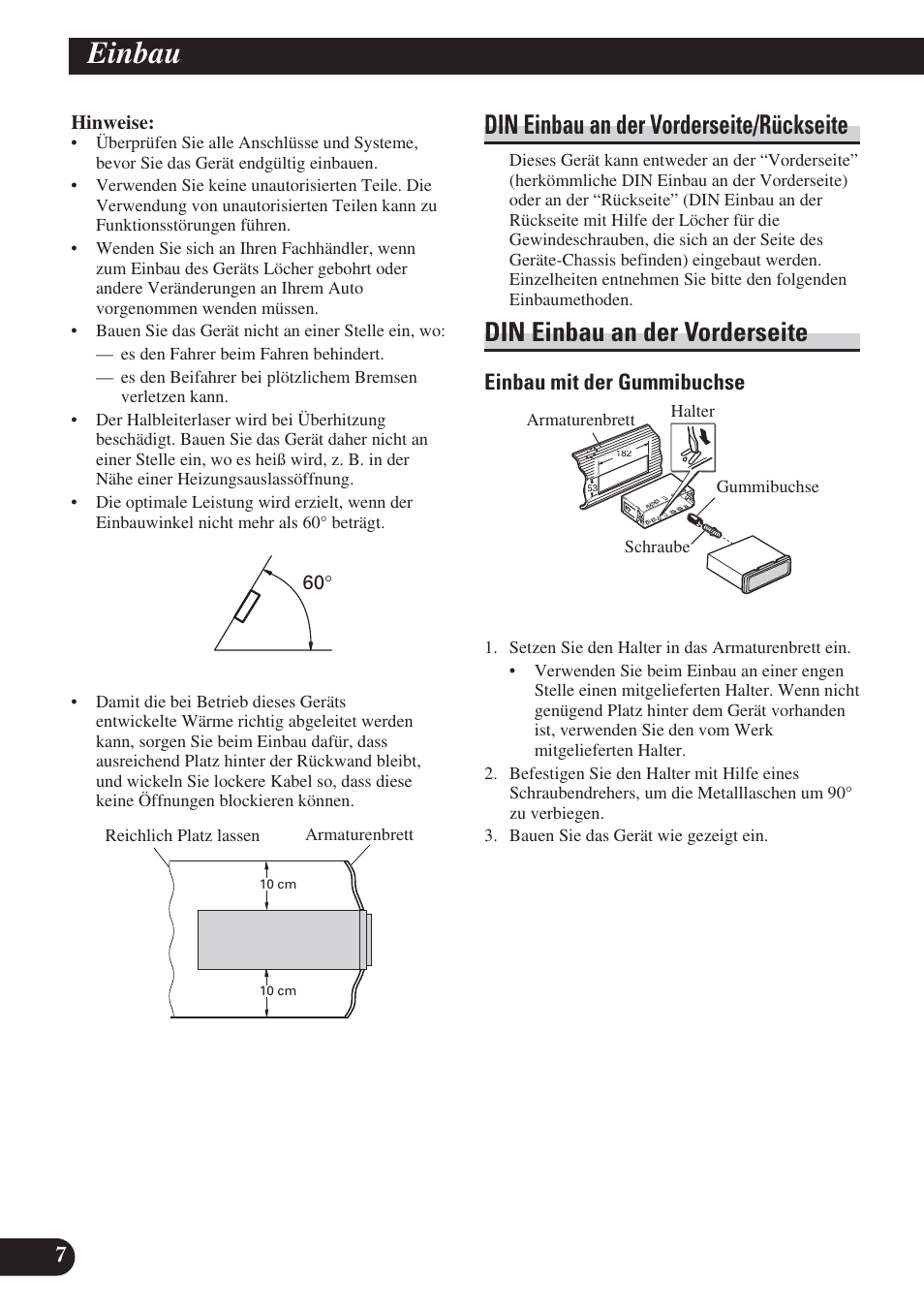Einbau, Din einbau an der vorderseite/rückseite, Din einbau an der vorderseite | Einbau mit der gummibuchse | Pioneer DEH-P65BT User Manual | Page 28 / 72